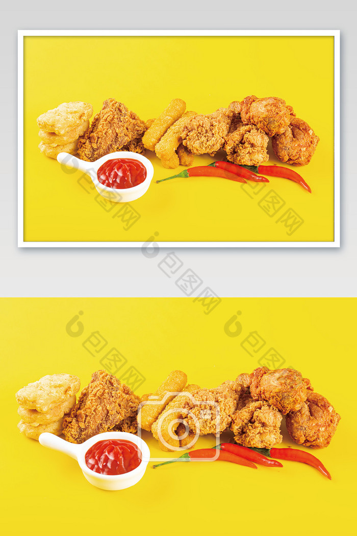 黄色背景上的韩式炸鸡图片图片