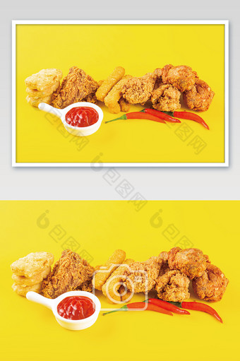 黄色背景上的韩式炸鸡图片