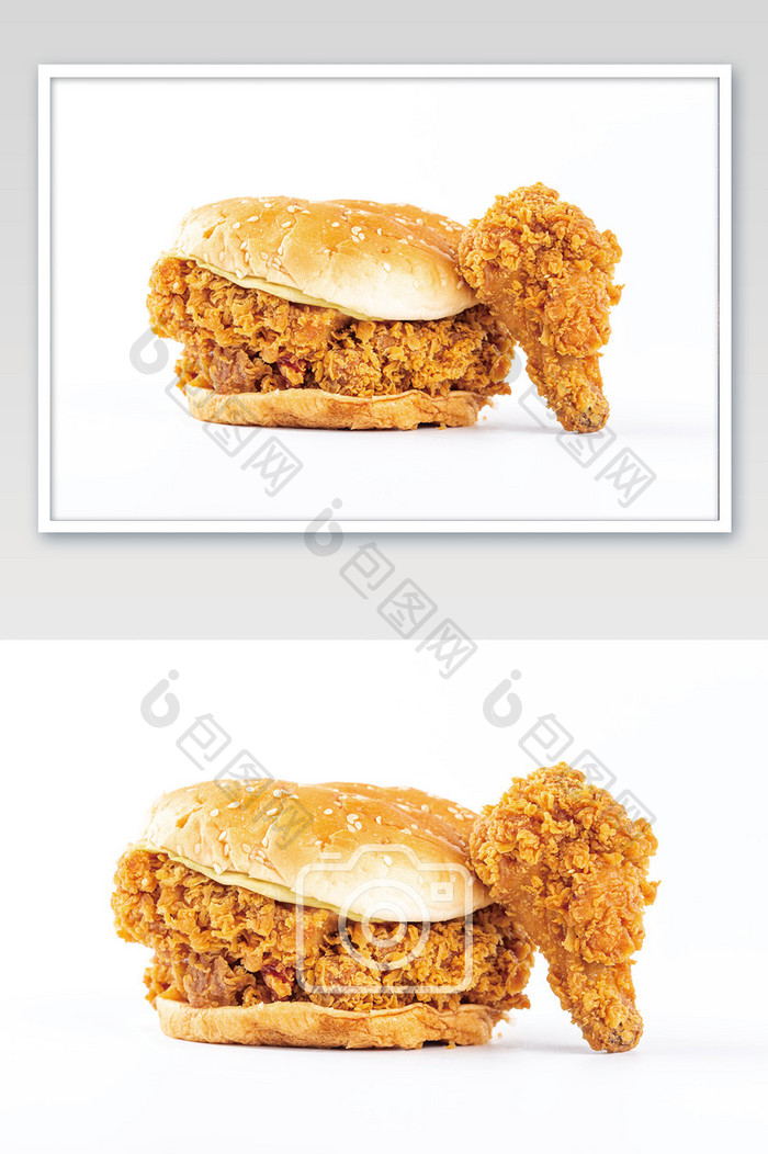韩式汉堡双层鸡腿堡白色背景素材