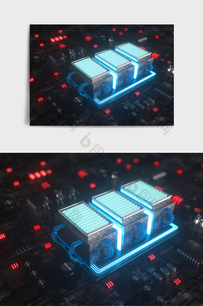 暗黑科技风格蓝光芯片主题C4D创意场景图片图片