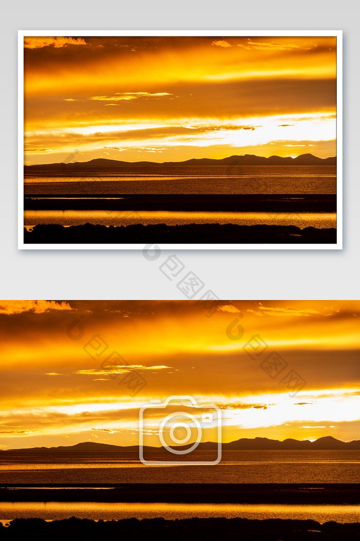湖边的日落火烧云图片图片