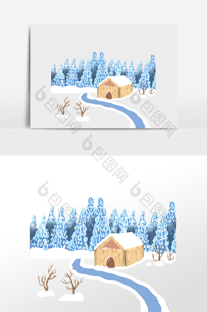 霜降雪景树木房屋