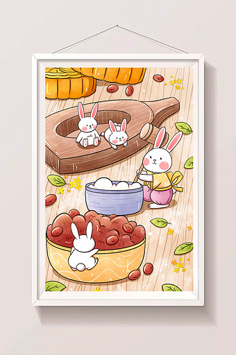 八月十五中秋节兔子做月饼手绘插画图片