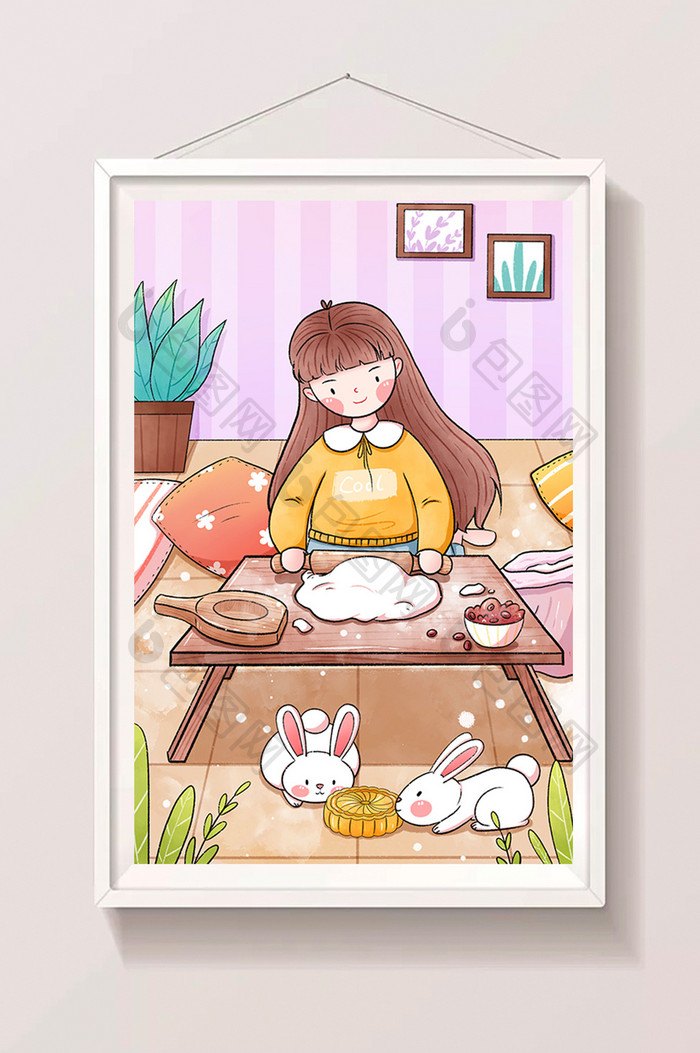 八月十五中秋节女孩在家做月饼手绘插画