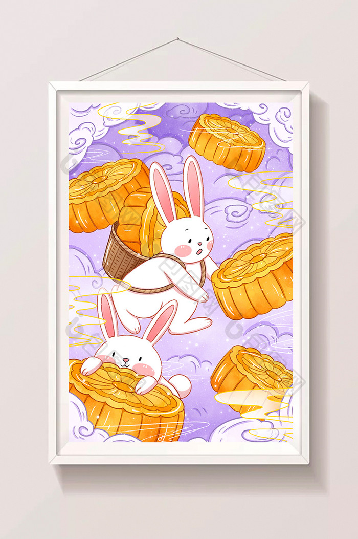 中秋节手绘玉兔与月饼插画