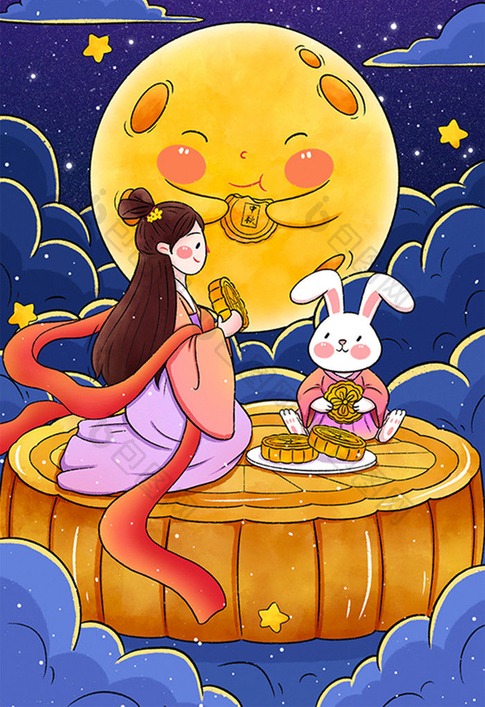 中秋节嫦娥与玉兔一起吃月饼