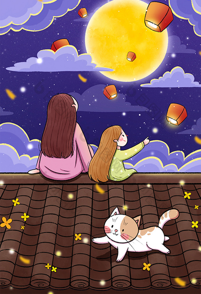包图网提供精美好看的中秋节母女一起赏月插画图片素材免费下载,本次