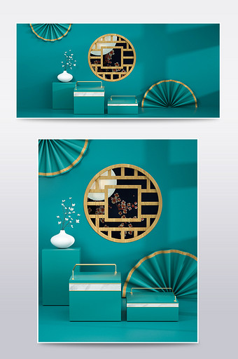 绿金中式复古中秋节电商C4D产品场景海报图片