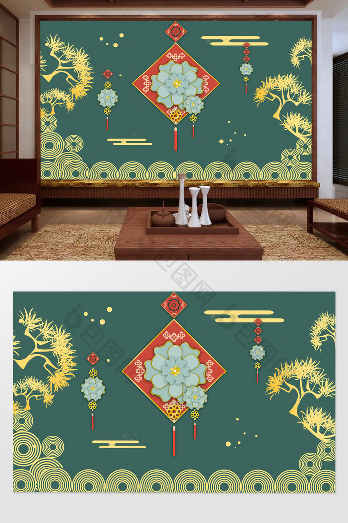 中国结金色国潮中式剪纸风格电视背景墙图片图片