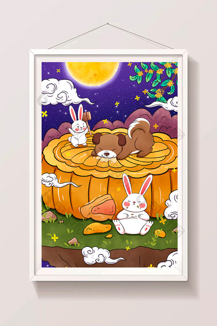 中秋节小动物吃月饼插画图片