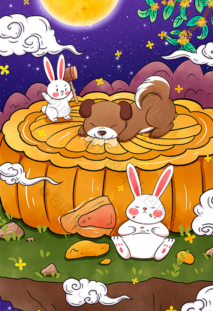 中秋节小动物吃月饼插画图片