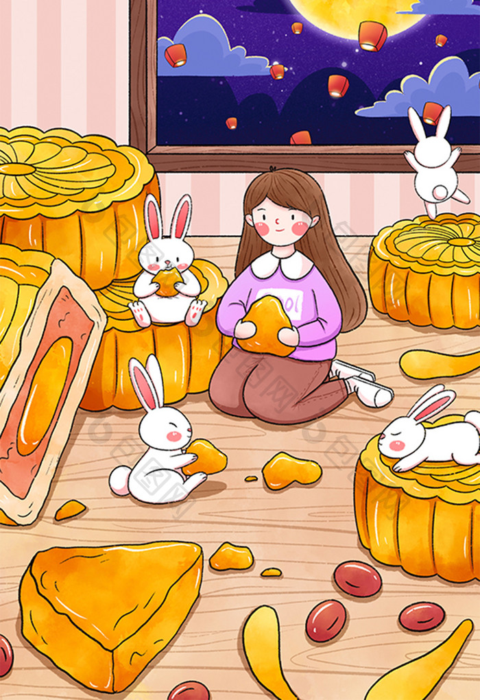 中秋节女孩与兔子吃月饼插画
