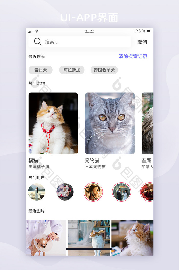 简约风格宠物社交APP界面搜索UI界面图片图片