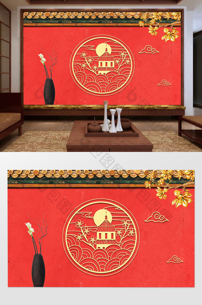传统风格红色城墙剪纸金属花背景墙图片图片