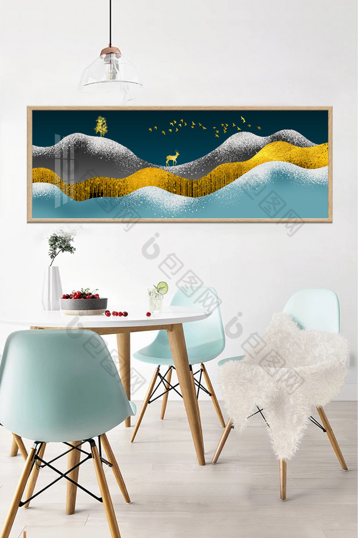 新中式抽象山水鎏金麋鹿飞鸟金色装饰画图片图片