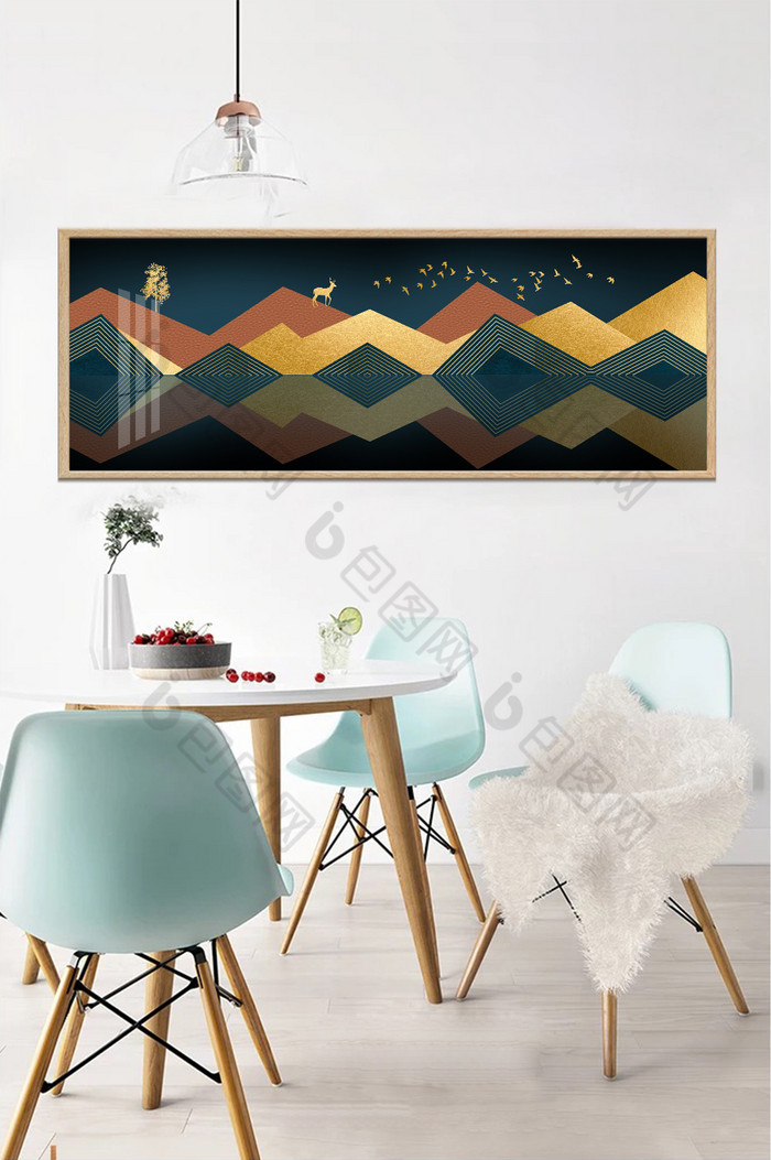 新中式抽象几何鎏金山水麋鹿金色装饰画图片图片