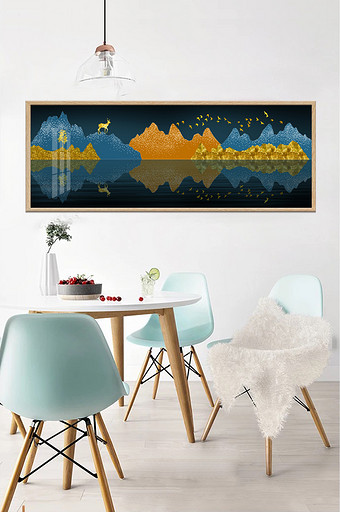 新中式抽象山水鎏金飞鸟金色麋鹿装饰画图片