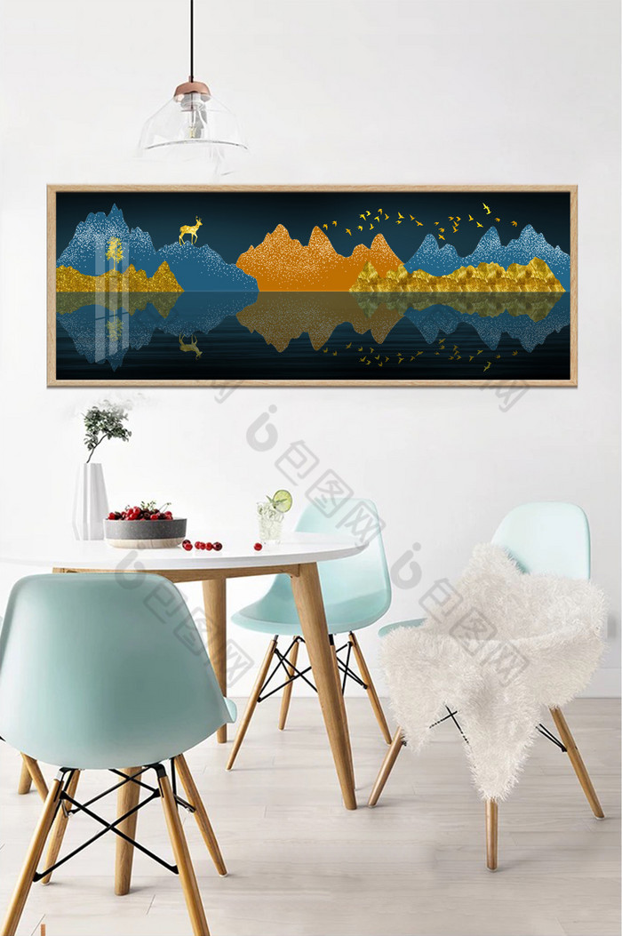 新中式抽象山水鎏金飞鸟金色麋鹿装饰画图片图片