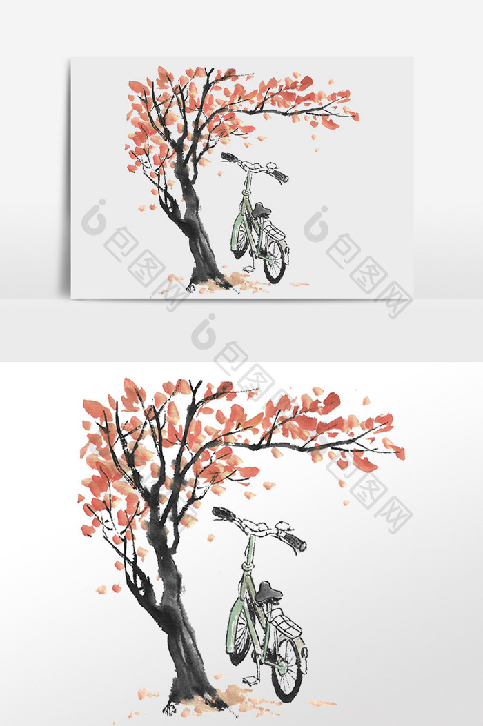 水墨秋季秋天树自行车