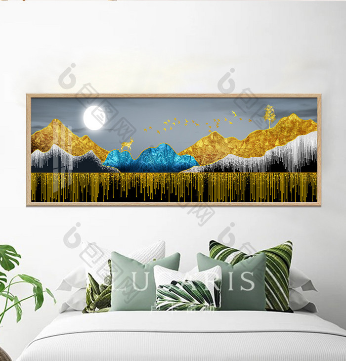 新中式鎏金麋鹿山水抽象金色飞鸟装饰画