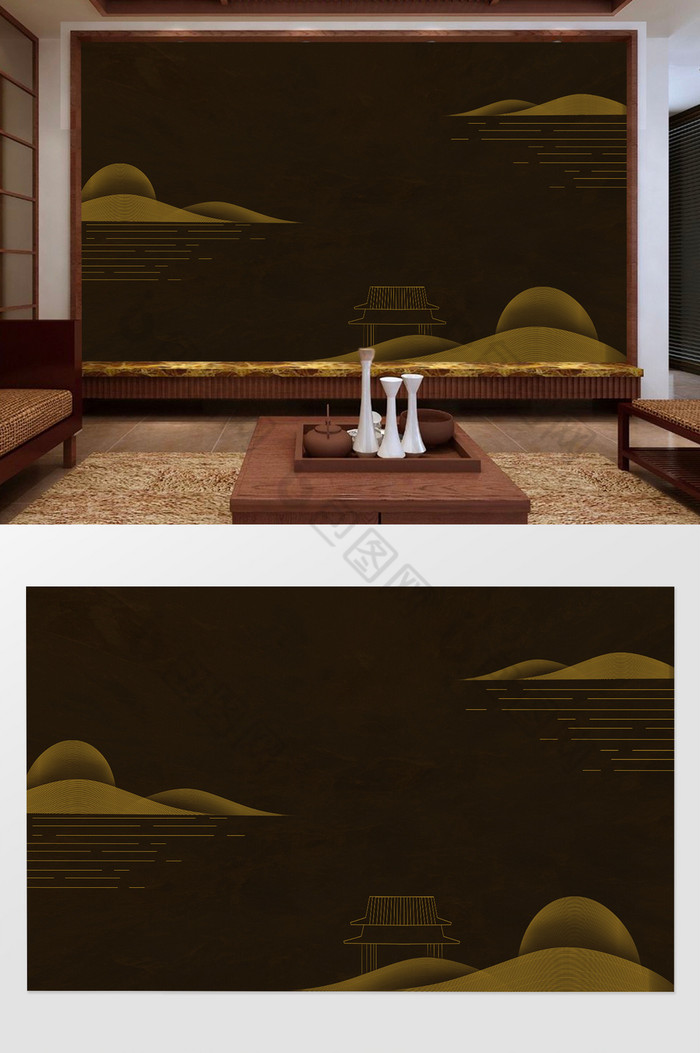 棕色复古背景金色线描山水画中式电视背景墙图片图片