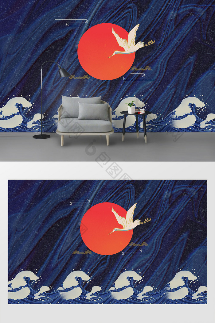日式浮世绘风格海浪仙鹤蓝色电视背景墙