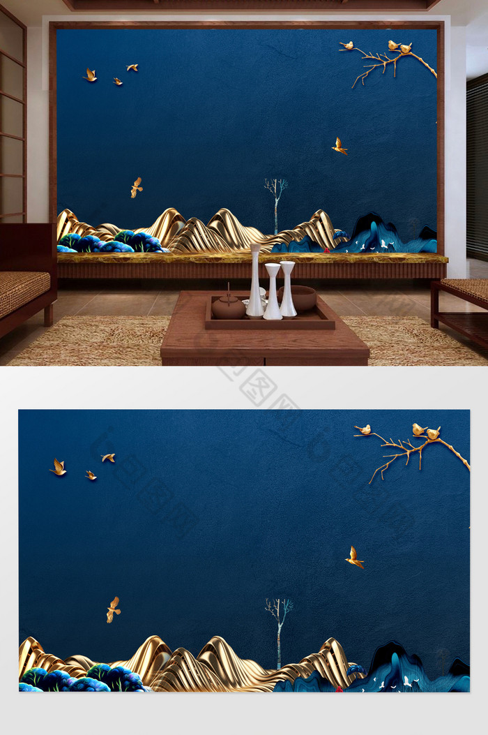 蓝色背景金色立体飞鸟装饰元素电视背景图片图片
