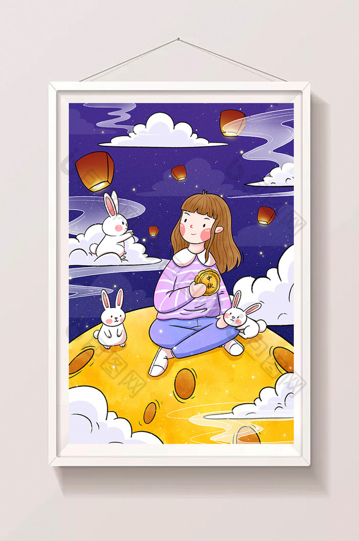 中秋节女孩与兔子在月亮上插画