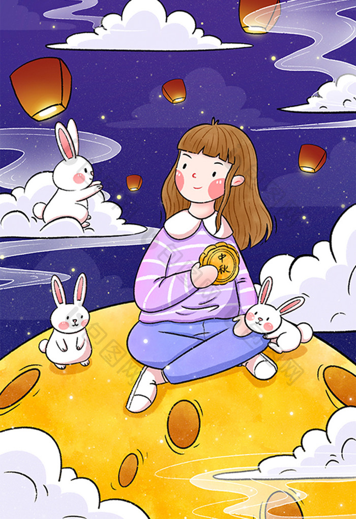 中秋节女孩与兔子在月亮上插画