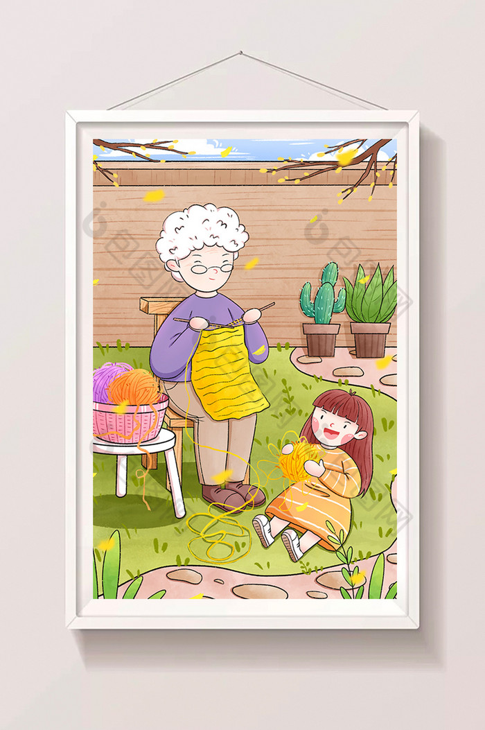 重阳节女孩陪伴奶奶插画图片图片
