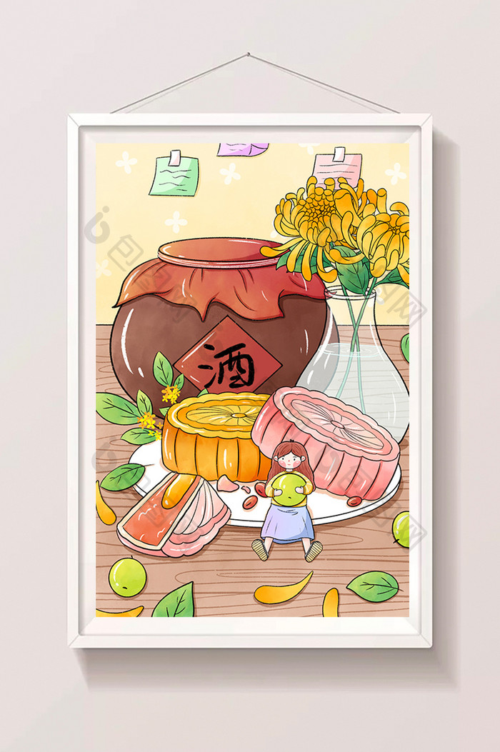 八月十五中秋节手绘月饼和女孩插画