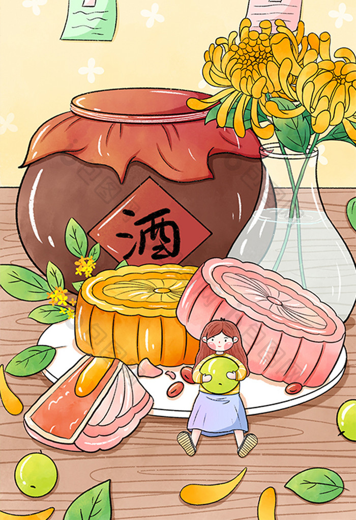 八月十五中秋节手绘月饼和女孩插画
