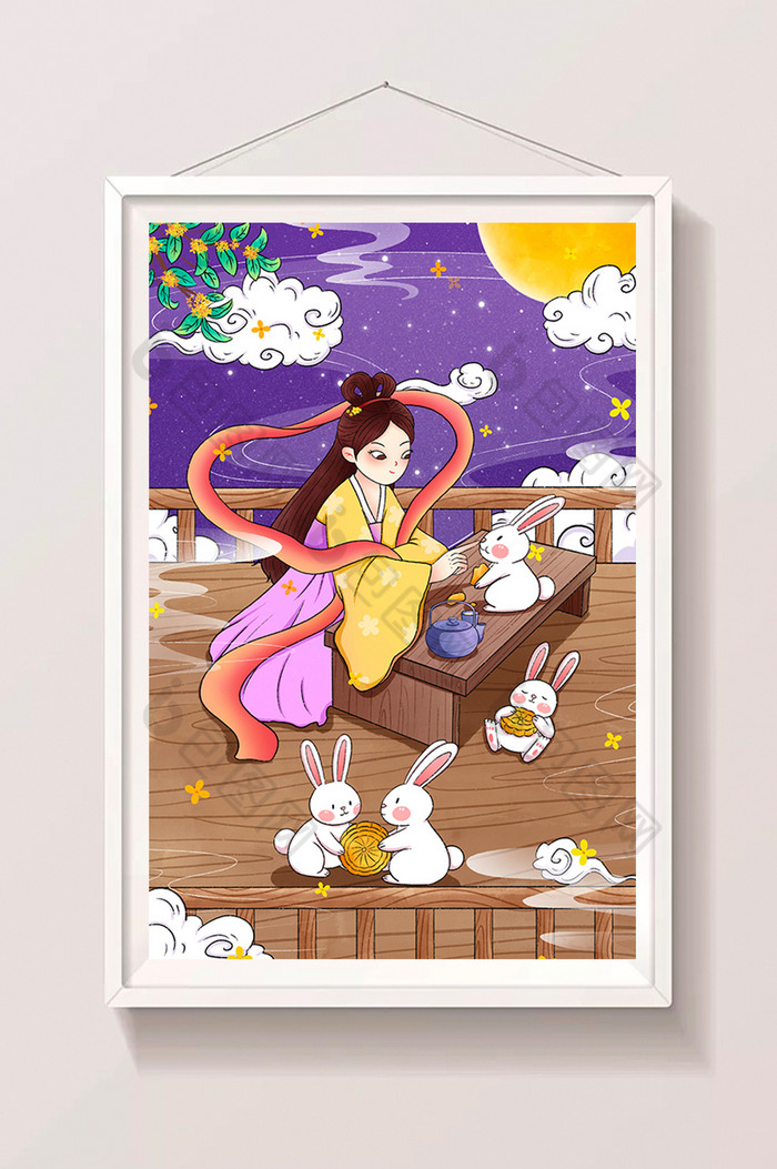 八月十五中秋节嫦娥与玉兔插画图片图片