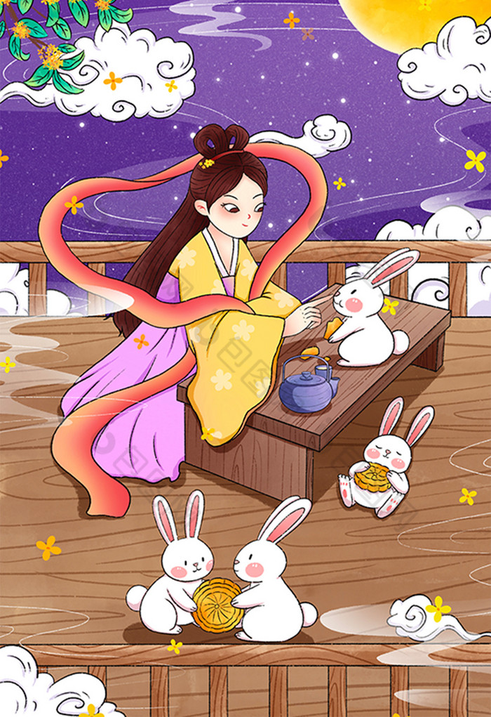 八月十五中秋节嫦娥与玉兔插画图片