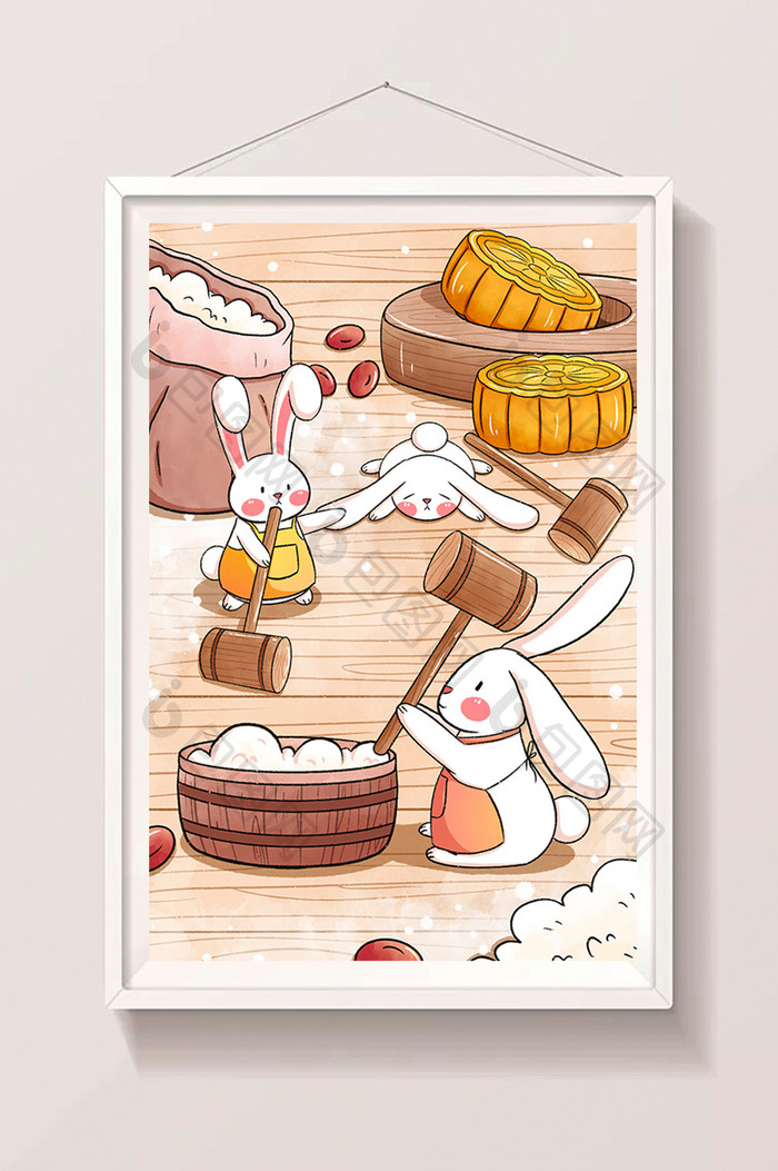 八月十五中秋节兔子们一起做月饼插画