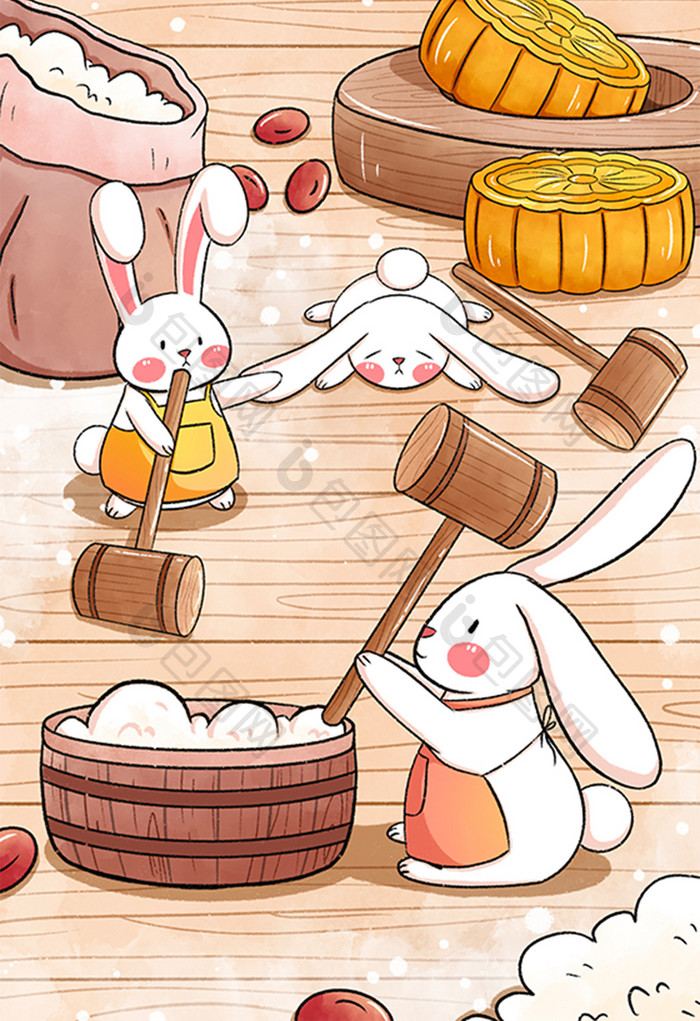 八月十五中秋节兔子们一起做月饼插画