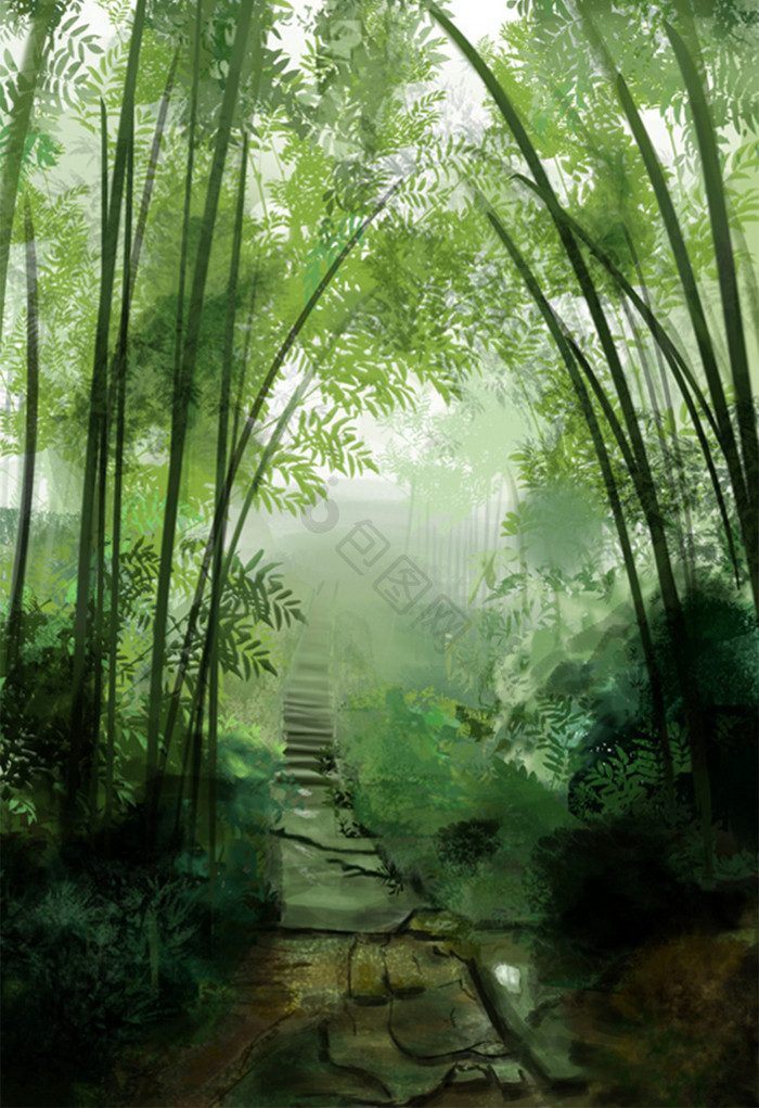 绿色清爽唯美竹林风景插画