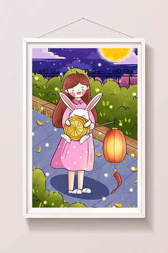 八月十五中秋节提灯笼的女孩插画图片