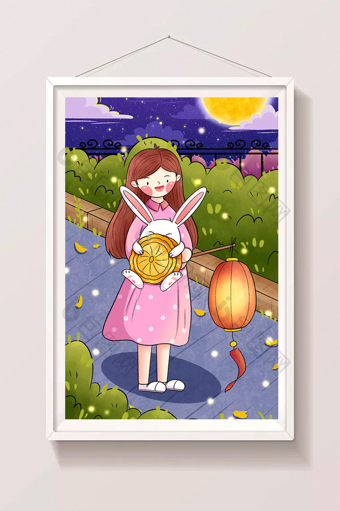 八月十五中秋节提灯笼的女孩插画