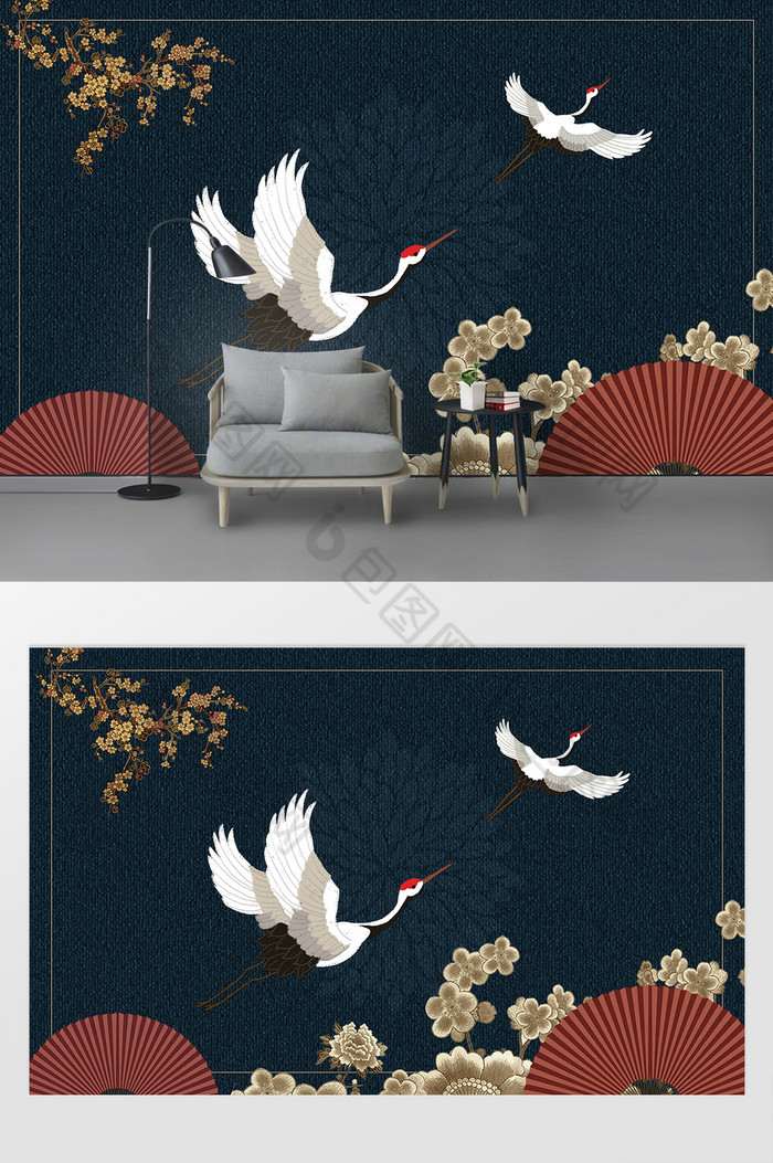 中式复古国潮蓝色仙鹤纹理背景墙图片图片