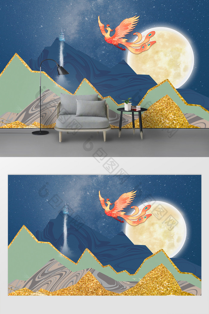 中式鎏金版画风格凤凰奔月中式电视墙 图片下载 包图网 中式鎏金版画风格凤凰奔月中式电视墙 图片下载 包图网
