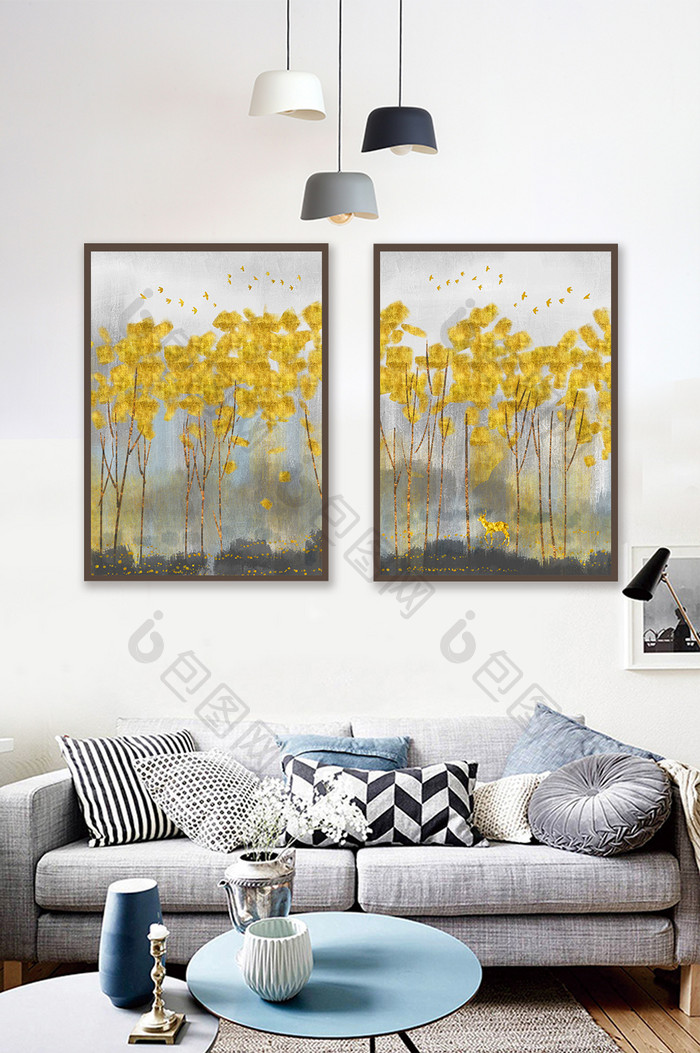 现代抽象鎏金树林北欧金色双联装饰画