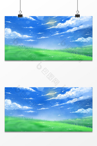 绿色小清新日系蓝天白云背景图片