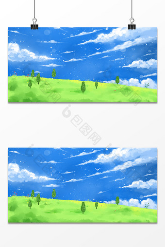 绿色小清新日系动漫蓝天白云背景图片