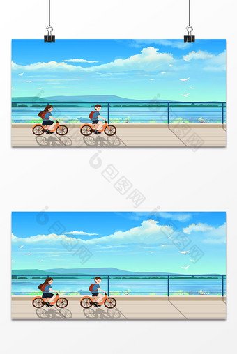 蓝天白云日式动漫骑行背景图片