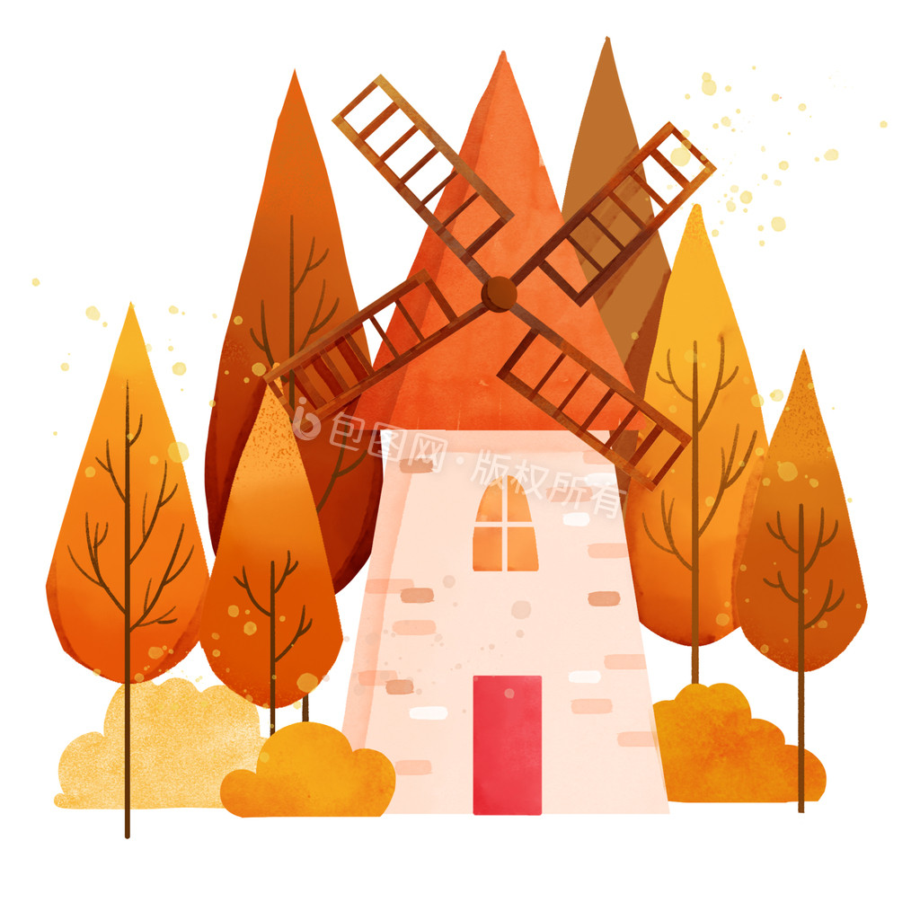 水彩秋季秋天房子大树小动画动图GIF图片