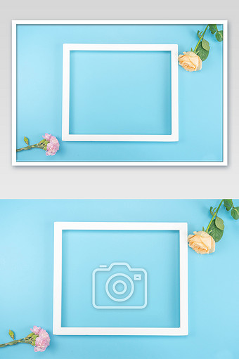 蓝色背景对角花朵相框摄影图