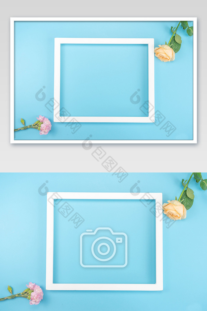 蓝色背景对角花朵相框摄影图图片图片