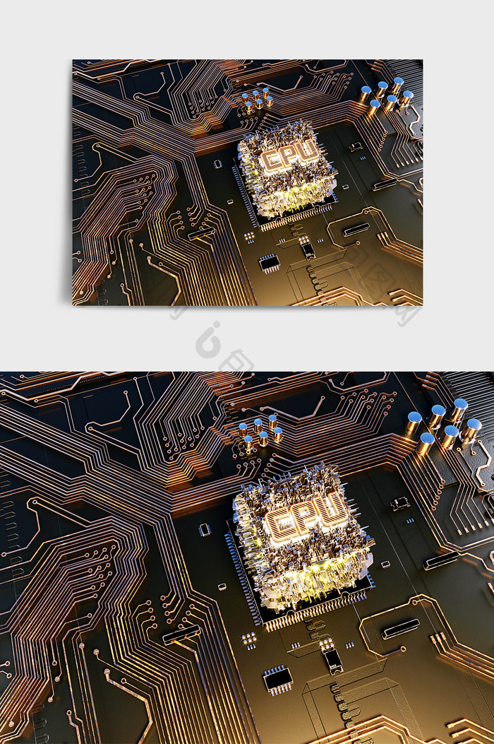 C4D暗黑色CPU电路智能芯片场景效果图