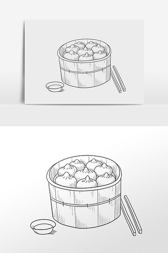 线描素描美食小笼包